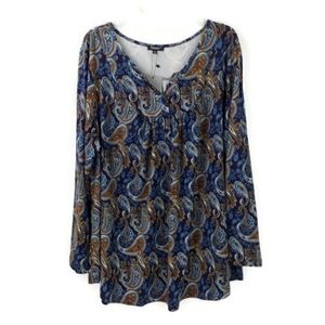 Traleubie Blue Paisley Print Long Sleeve Tunic Top Womens Plus 4X